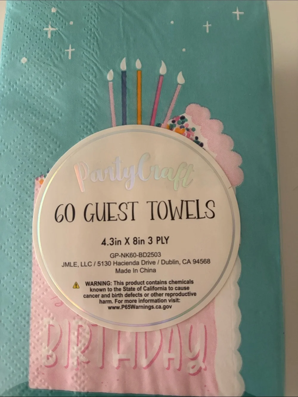 60 Guest Towels Super Sweet Birthday Cake - New in Package - Teal and Pink